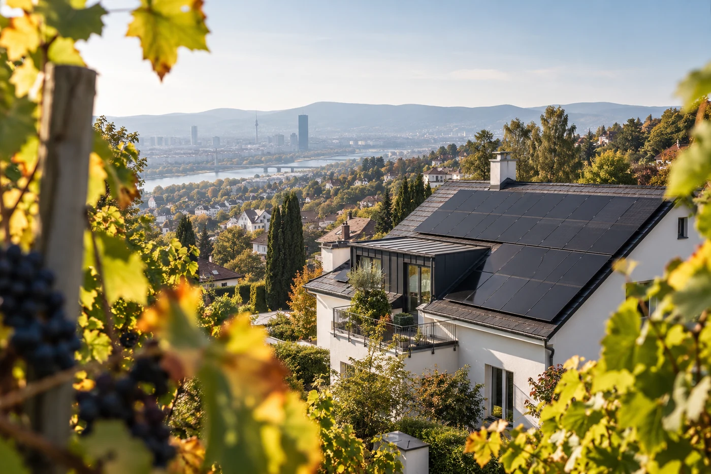 Haus mit Photovoltaikdach hinter Weinreben