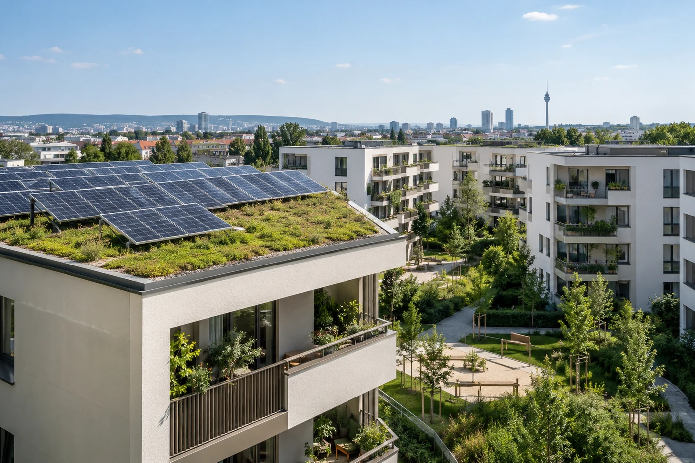 Mehrgeschoßiges Wohnhaus mit PV-Anlage und Dachbegrünung