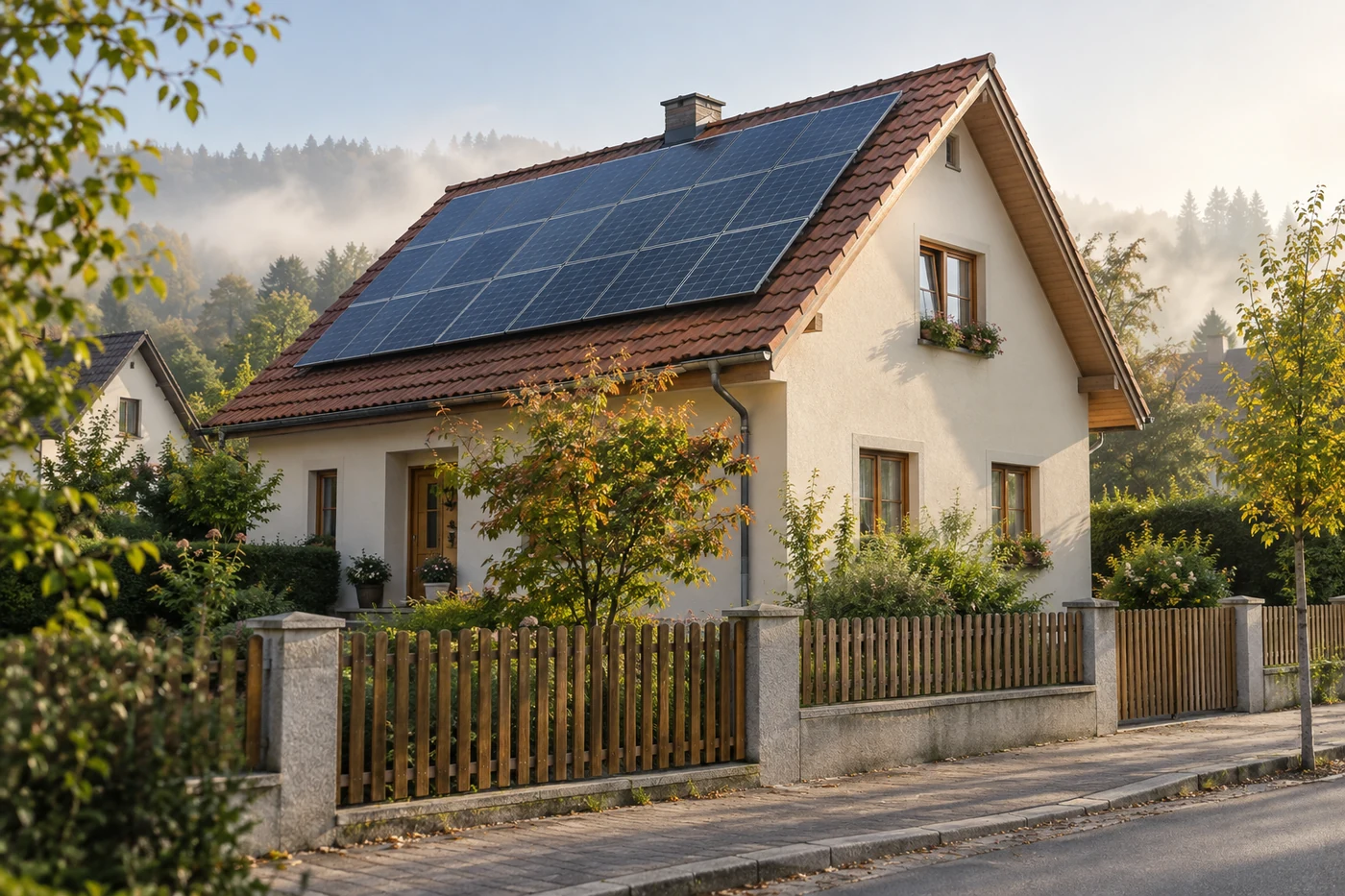Einfamilienhaus mit Solarmodulen und kleinem Vorgarten