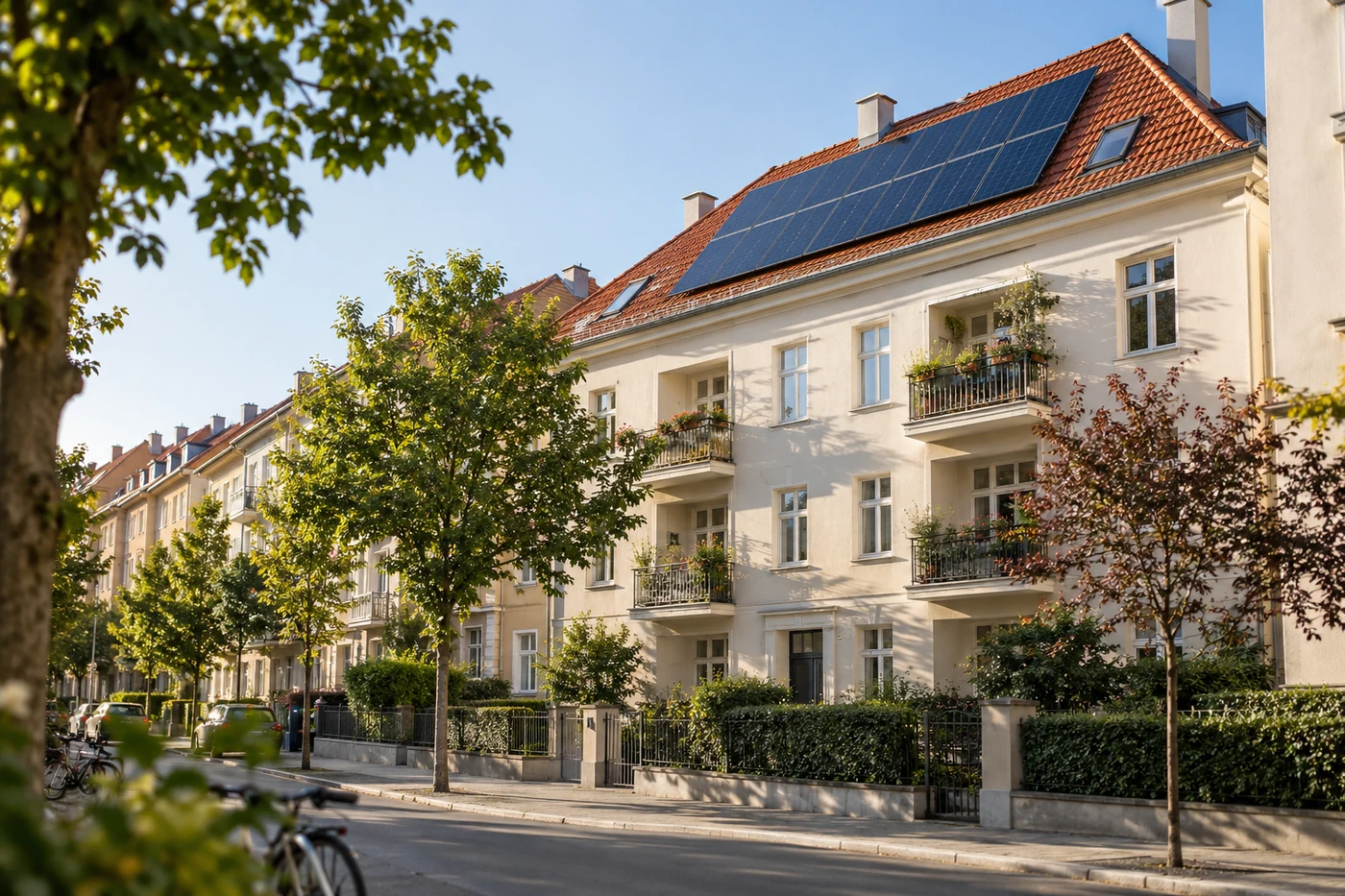 Ziegeldach mit Photovoltaik in einem städtischen Wohngebiet