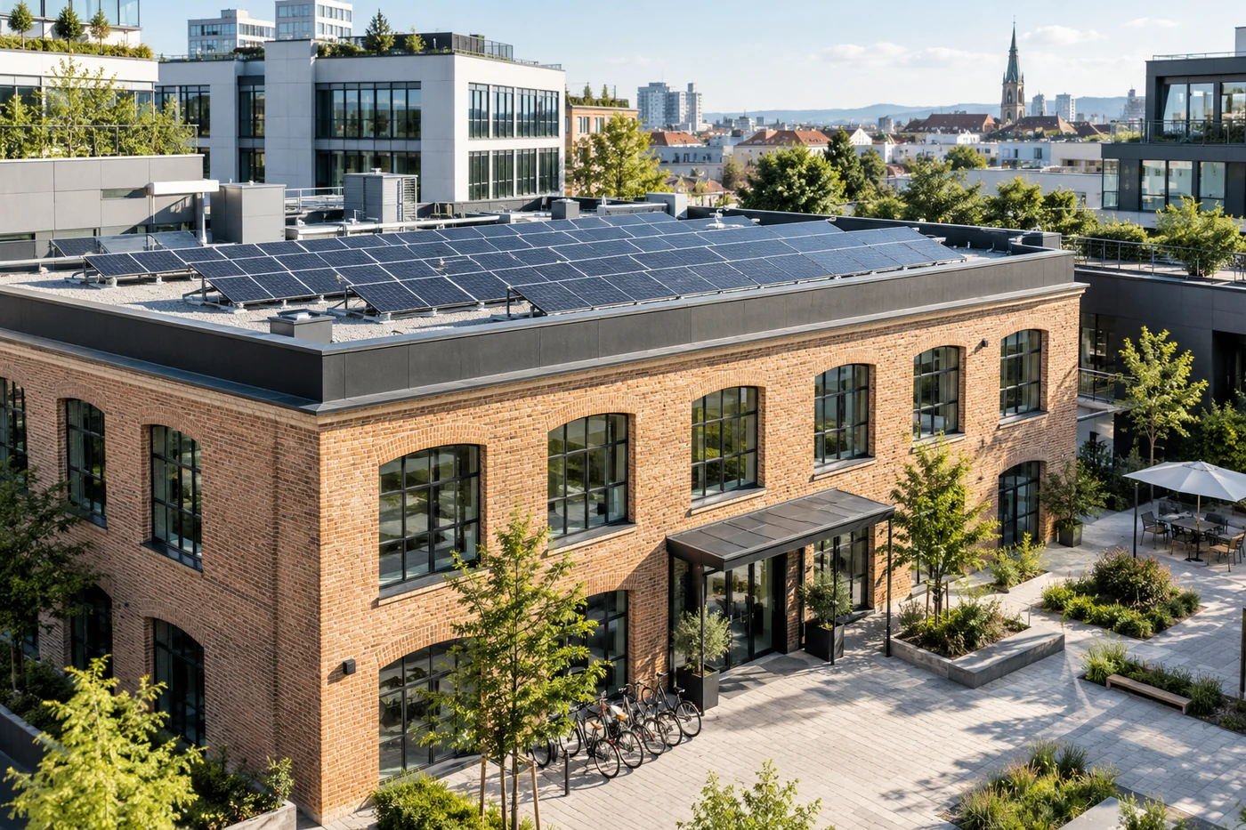 Bürogebäude mit Photovoltaik auf einem Flachdach