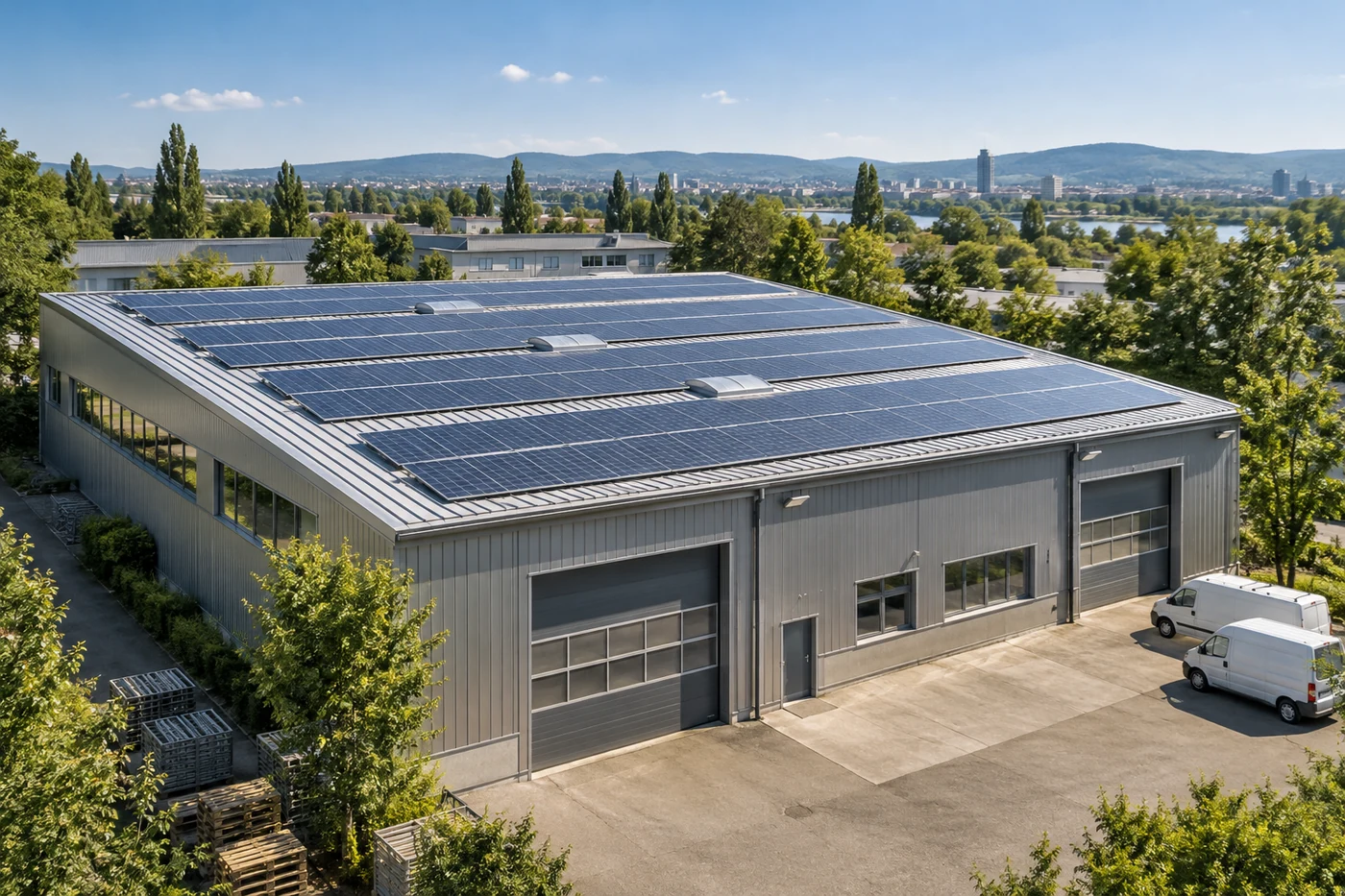 Photovoltaikmodule auf dem Dach einer Gewerbehalle