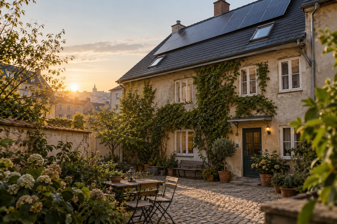 Wohnhaus mit Solardach hinter einem begrünten Innenhof