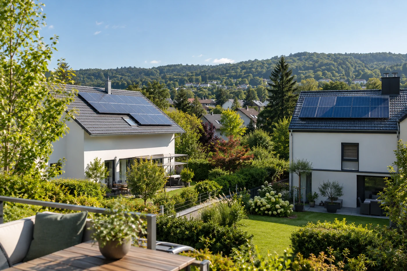 Wohnhäuser mit Photovoltaikdächern in einem grünen Quartier