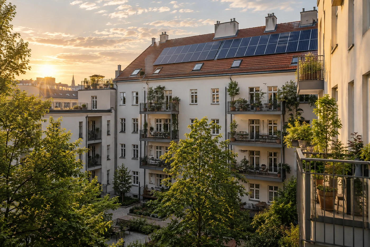 Mehrfamilienhaus mit Solardach über einem Innenhof