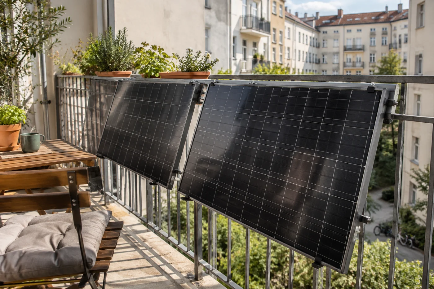 Zwei Solarmodule am Geländer eines Balkons