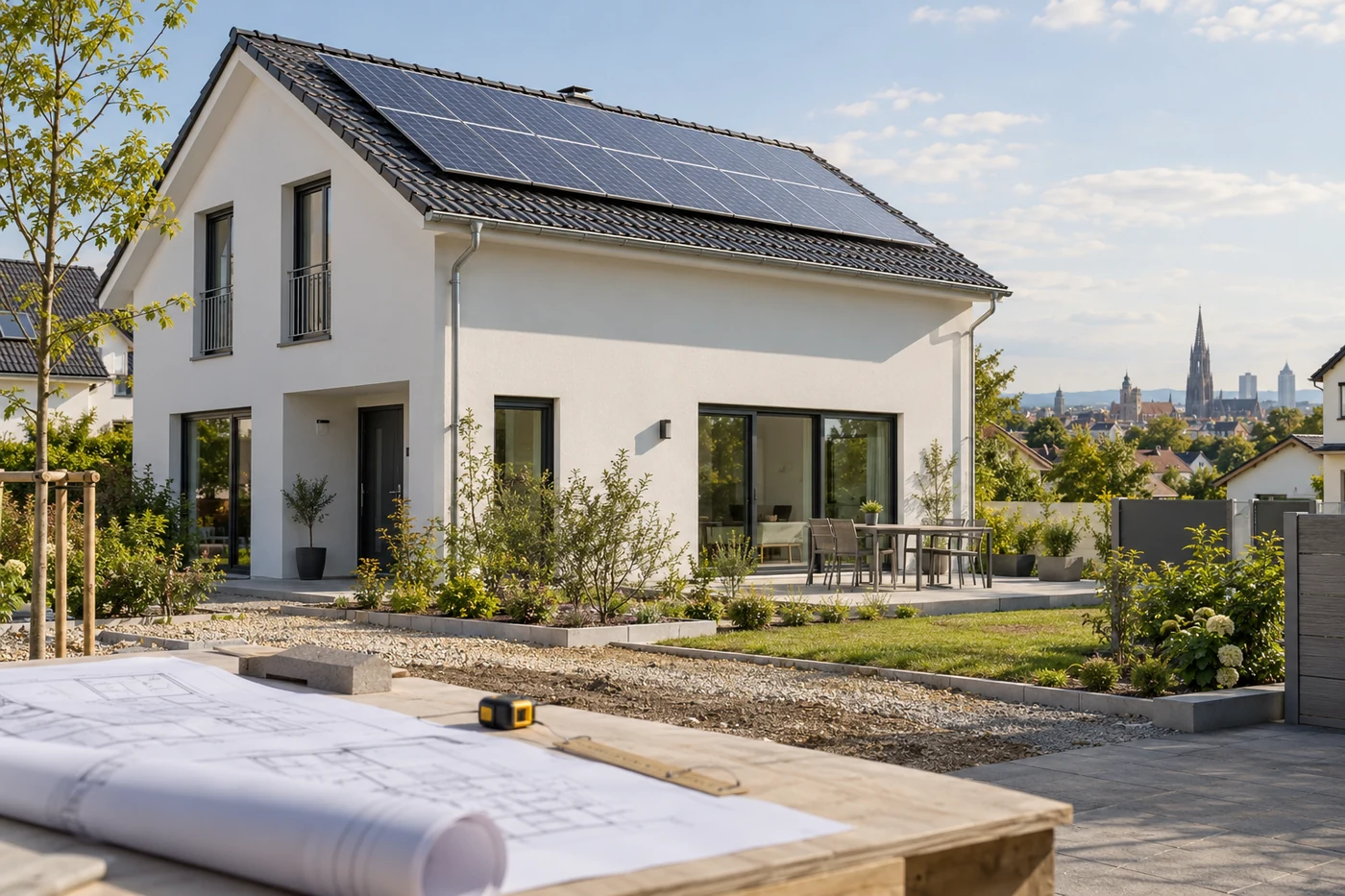 Neubau mit vorbereitetem Photovoltaikdach und Garten