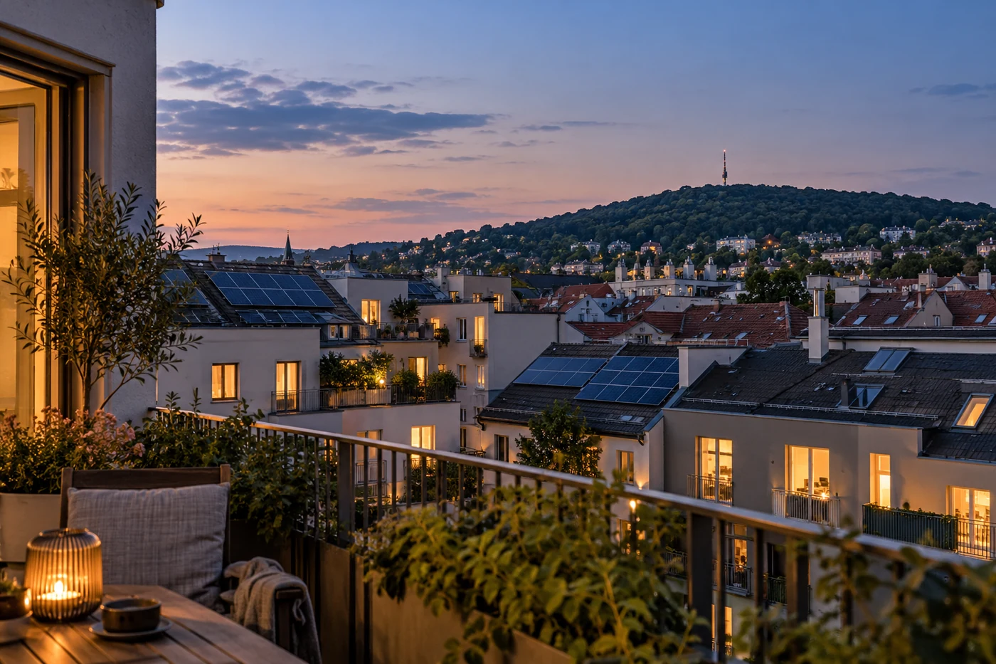 Photovoltaikdächer vor begrünten städtischen Hügeln