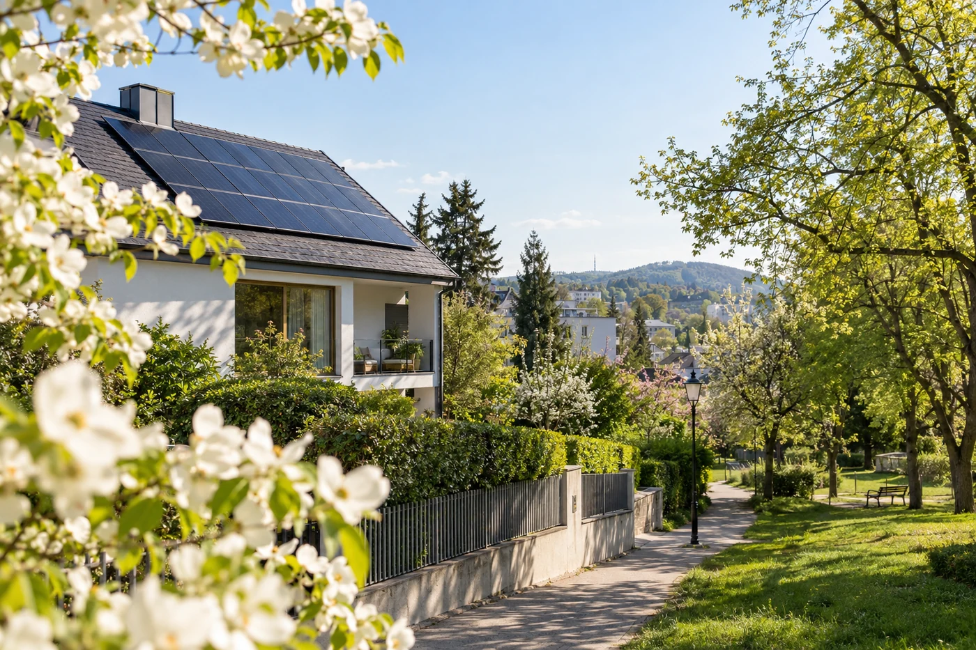 Wohnhaus mit Photovoltaikdach am Rand eines grünen Parks