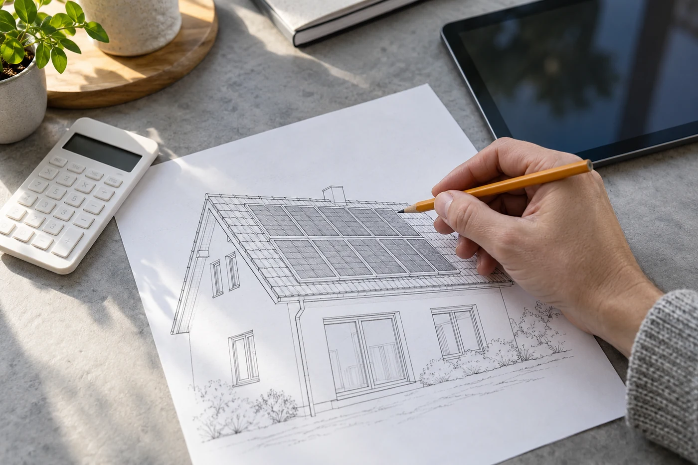 Hand mit Stift über einem Dachplan neben Taschenrechner und Tablet