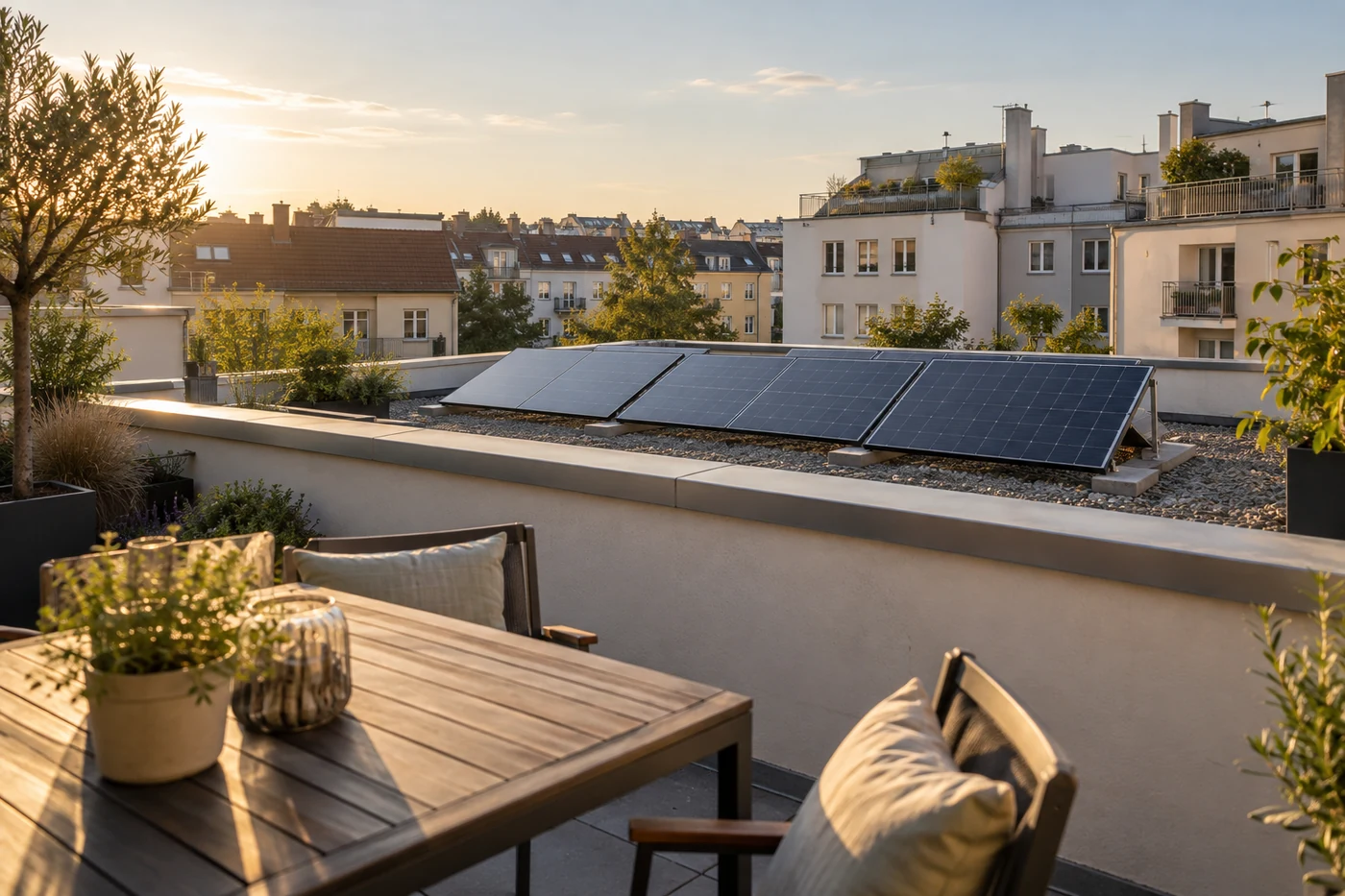 Solarmodule hinter einer Dachterrasse mit schlichten Wohngebäuden im Hintergrund.