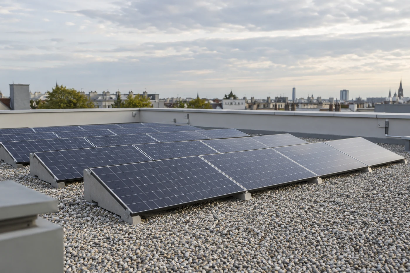 Aufgeständerte Solarmodule auf einem flachen Kiesdach