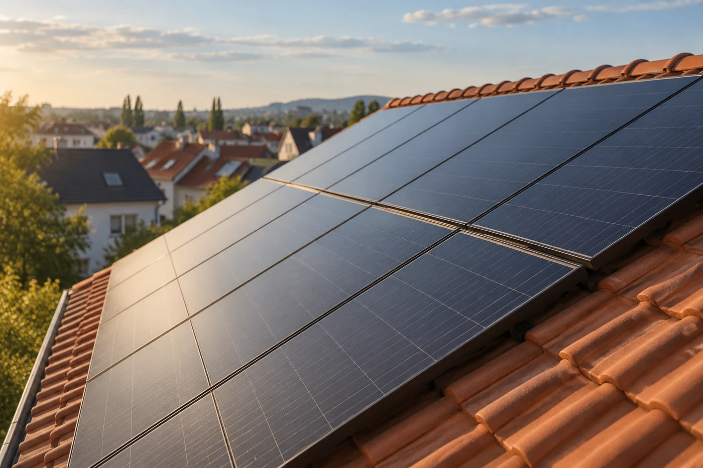 Schwarze Solarmodule auf einem roten Ziegeldach