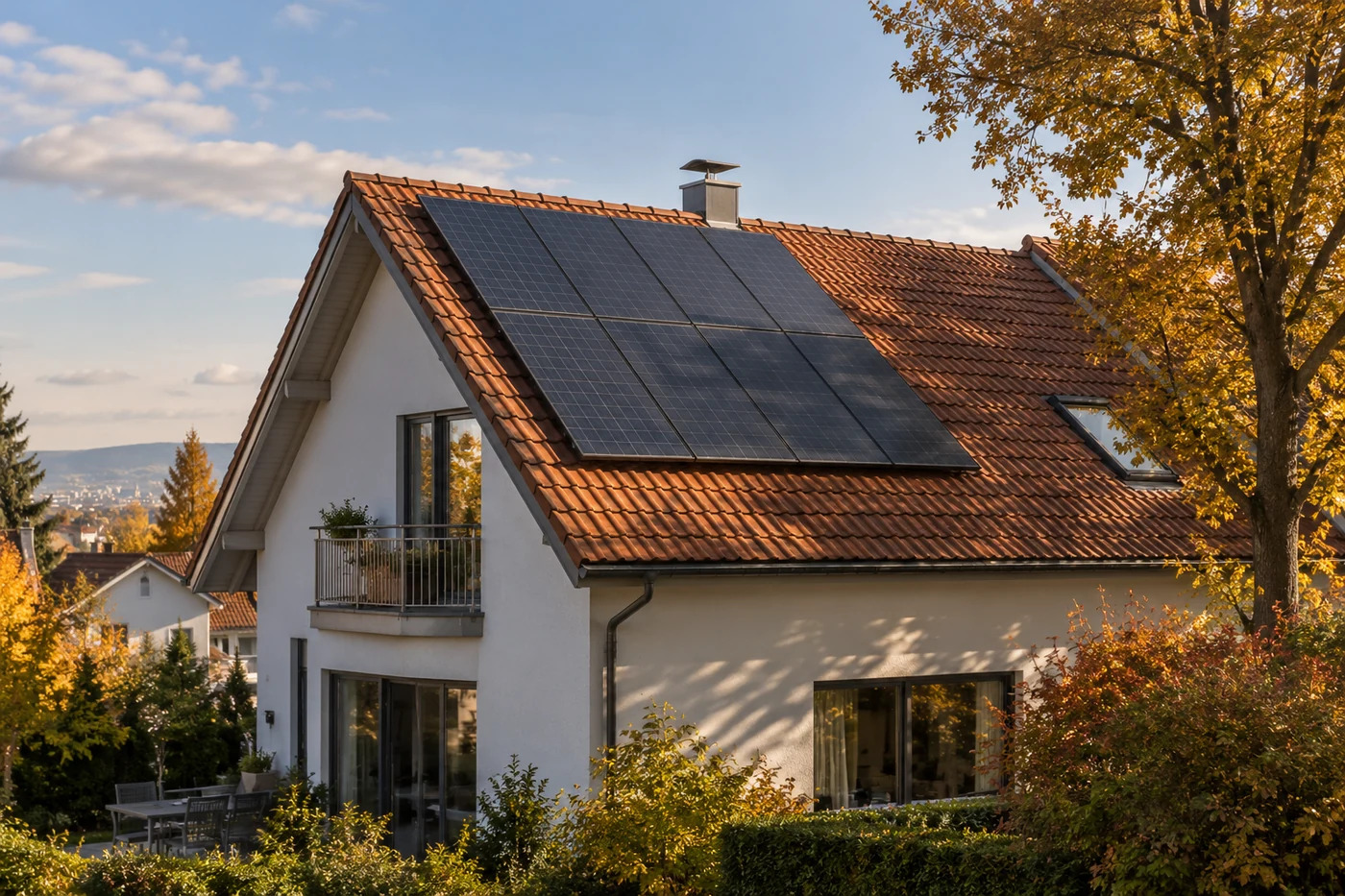 Hausdach mit Solarmodulen und Schatten eines Baums auf einer angrenzenden Dachfläche