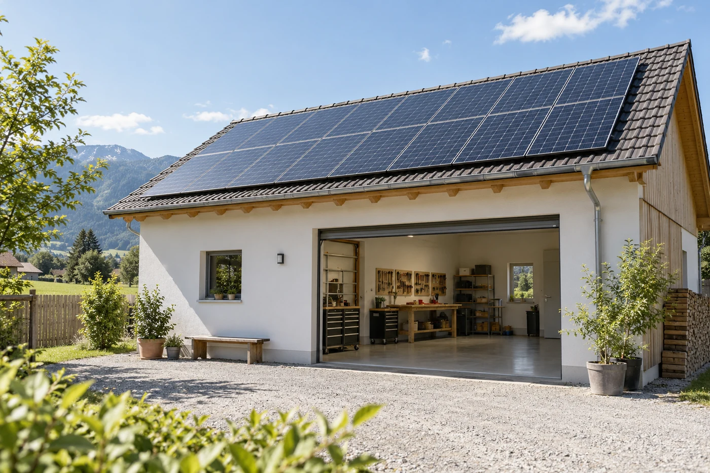 Werkstattgebäude mit Solarmodulen auf einem geneigten Dach