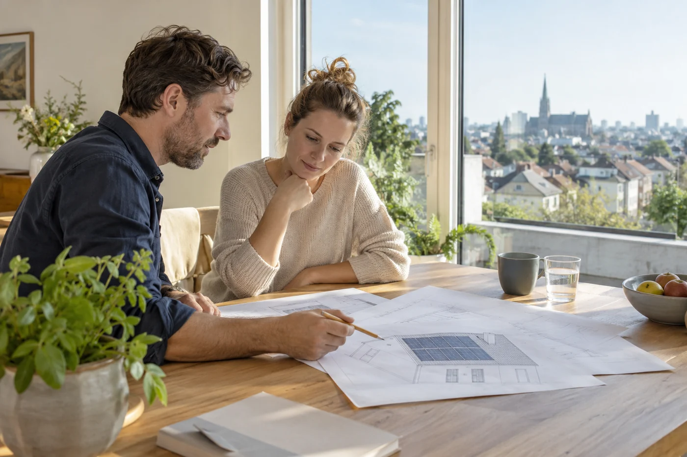 Zwei Erwachsene besprechen eine Dachskizze im Esszimmer