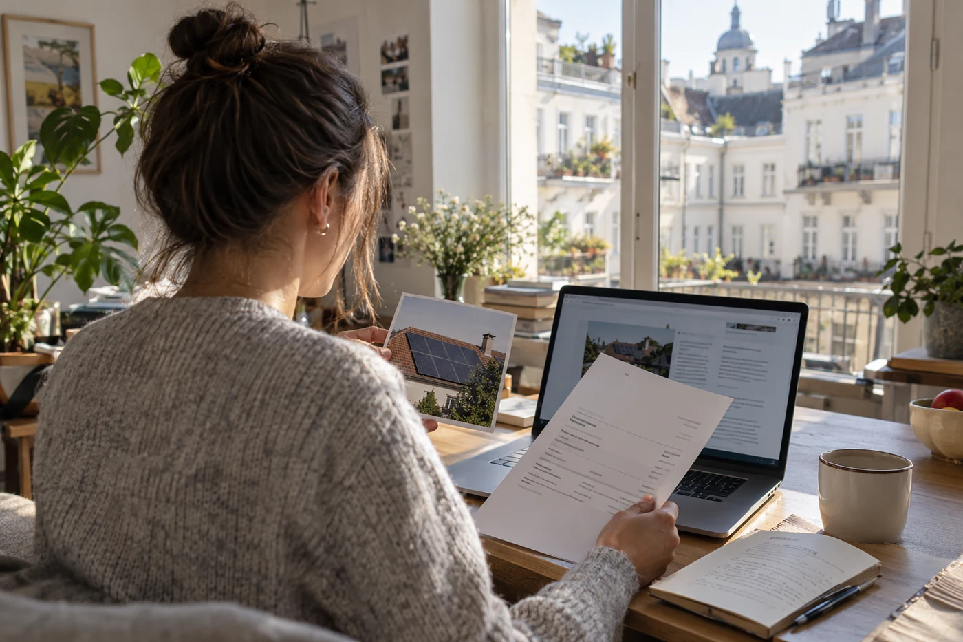 Hausbesitzerin bereitet eine digitale PV-Anfrage am Laptop vor