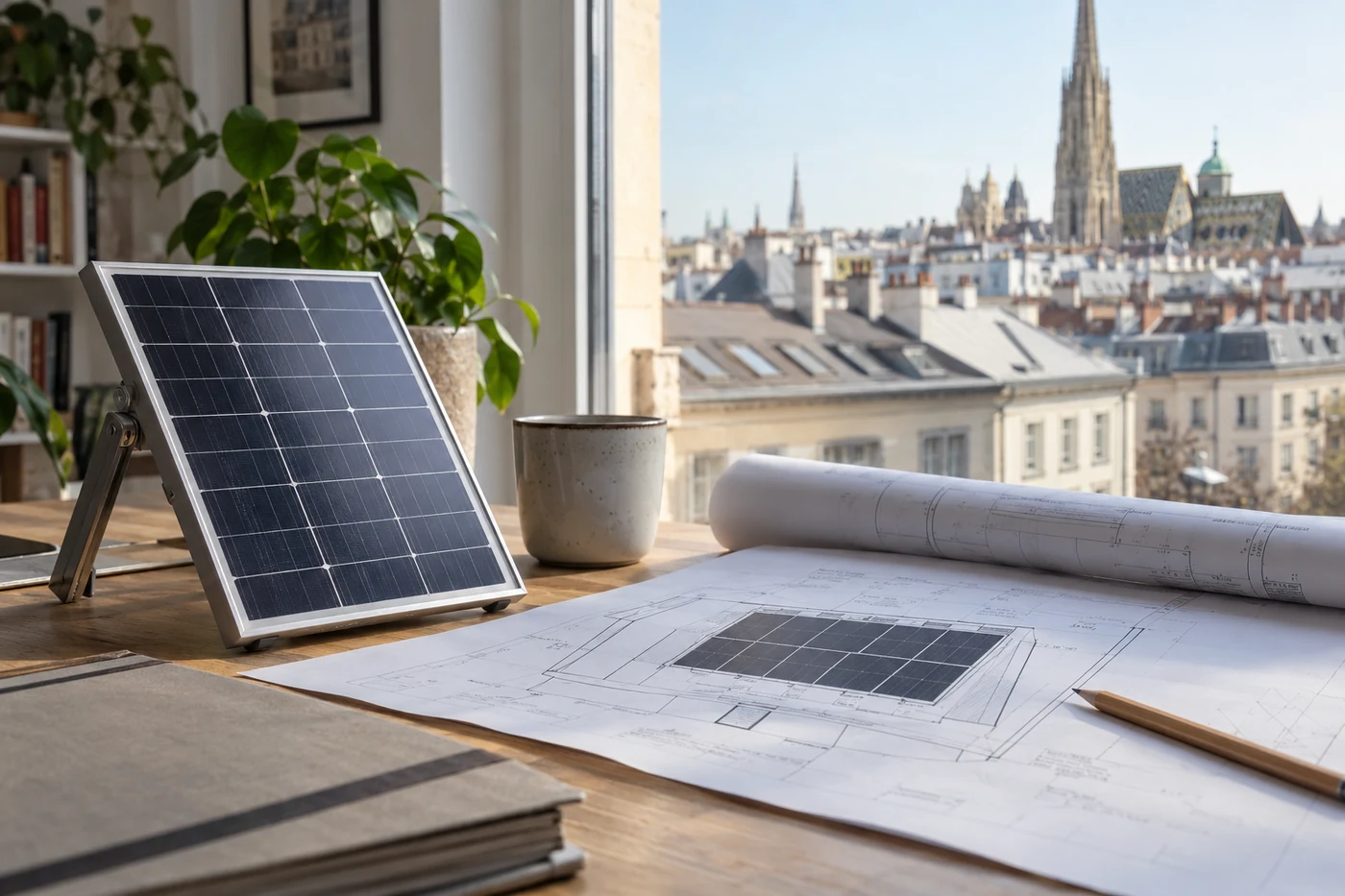 Solarmodulprobe und Dachzeichnung an einem Fenster