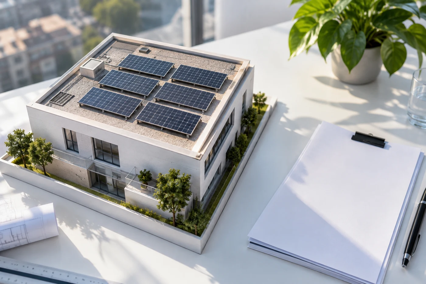Flachdachmodell mit Solarmodulen neben geordneten Antragsunterlagen