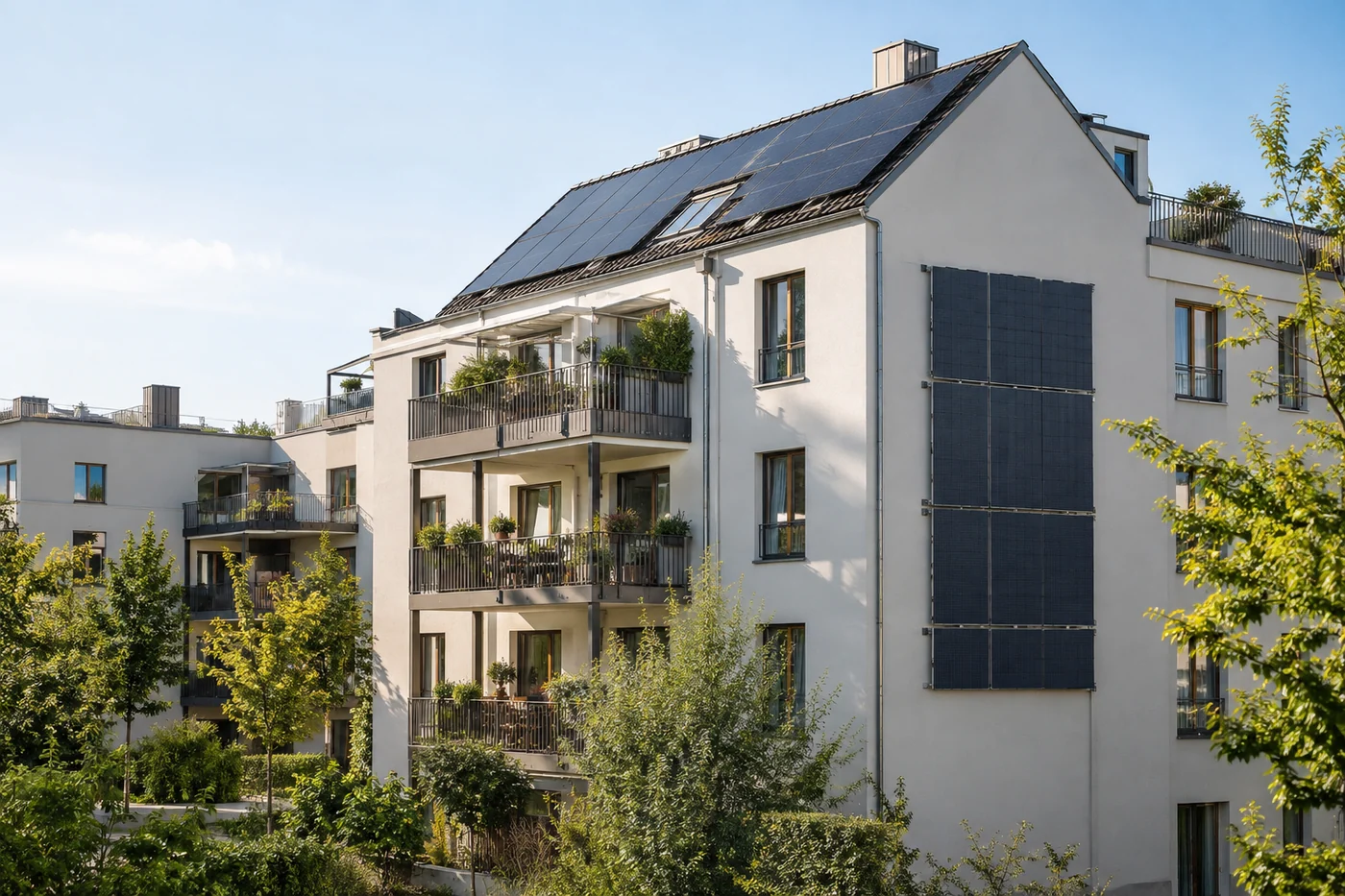 Wohngebäude mit Solarmodulen auf Dach und Fassade