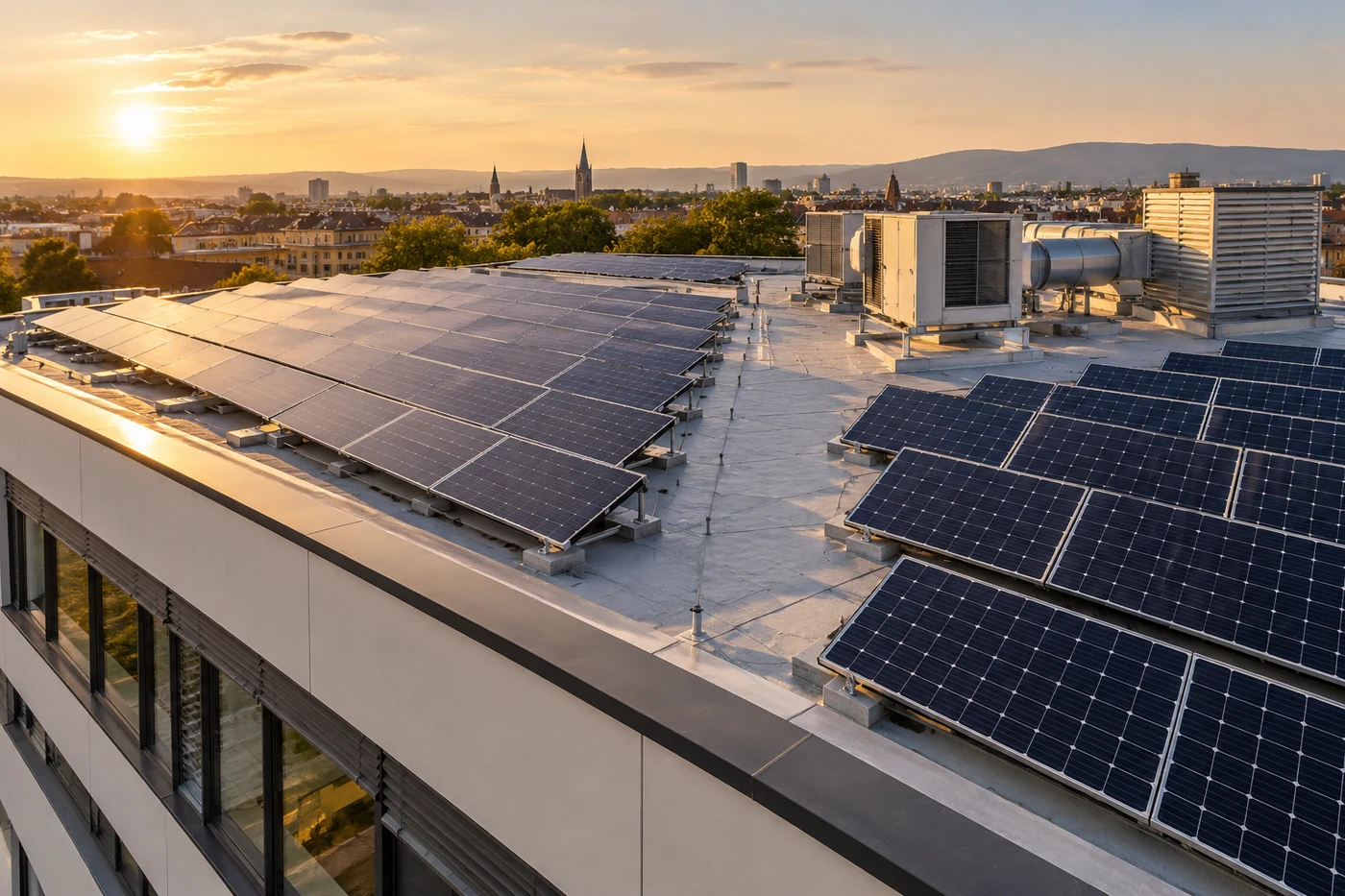 Gewerbegebäude mit geordneten Solarmodulreihen auf dem Flachdach