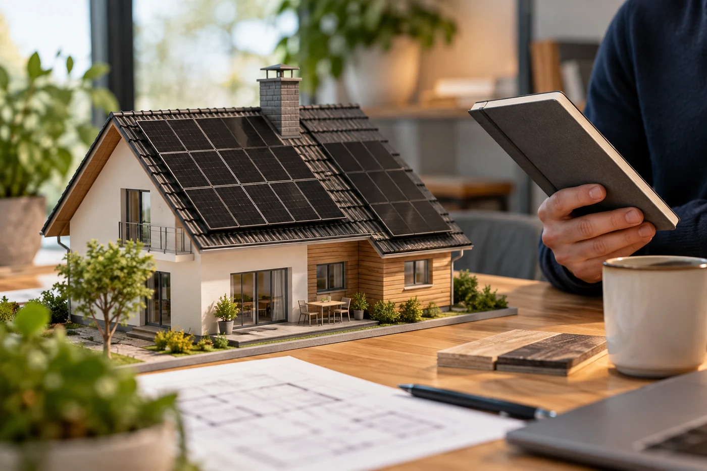 Hausmodell mit Solarmodulen auf zwei Dachflächen auf einem Holztisch