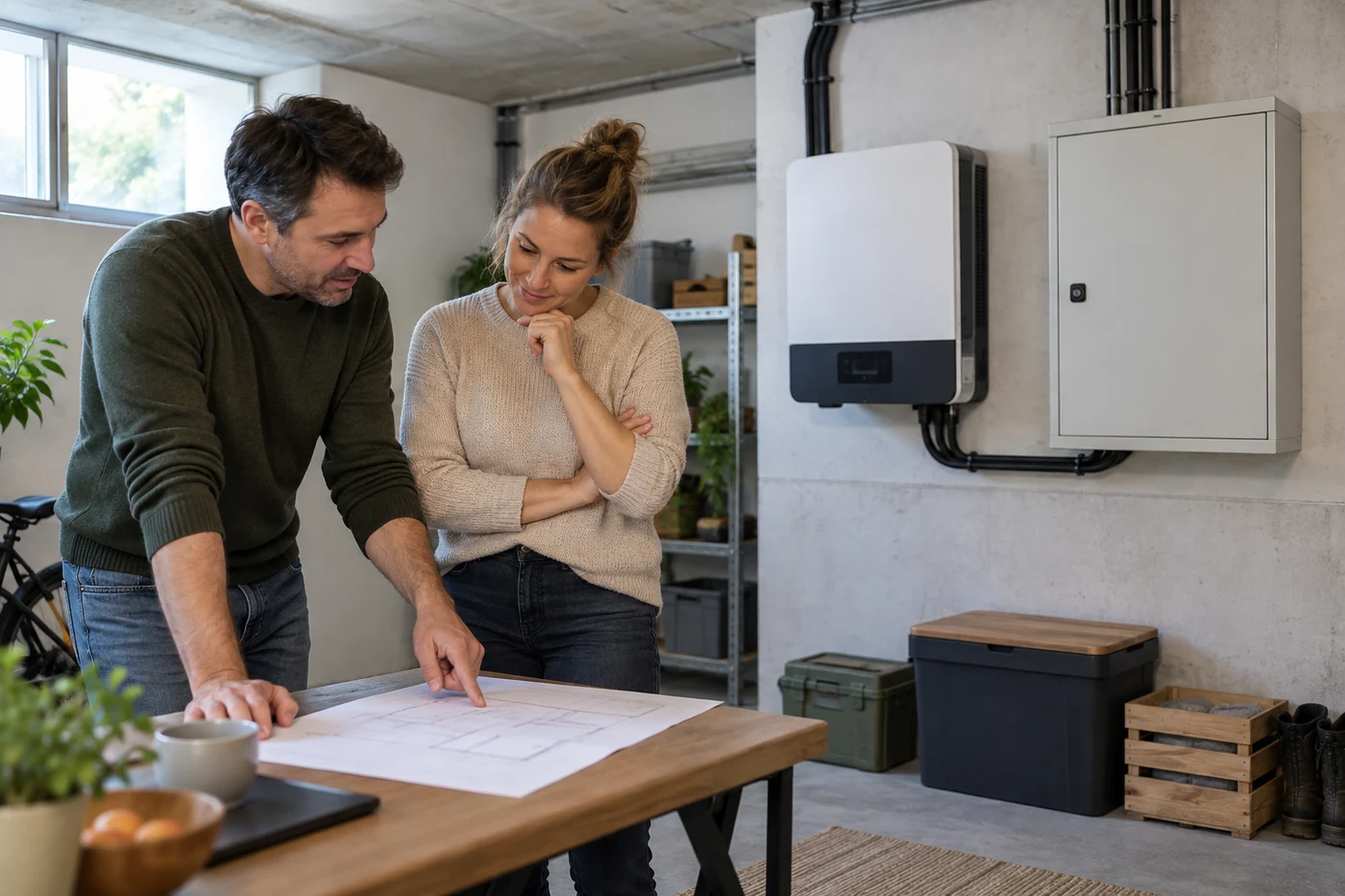 Zwei Erwachsene besprechen Unterlagen neben geschlossenen Elektrogehäusen