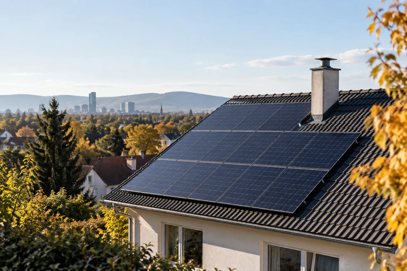 Photovoltaikdach mit Schatten eines Kamins in Wien