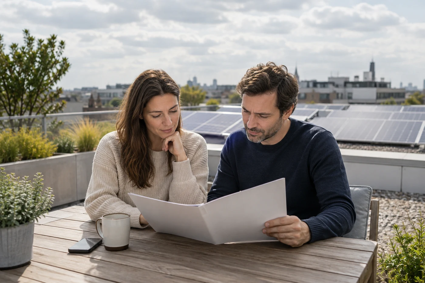 Zwei Erwachsene mit einer Projektmappe auf einer Terrasse vor einem Dach mit Solarmodulen