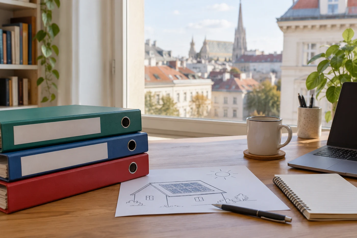 Planungsordner und Dachzeichnung an einem Stadtfenster