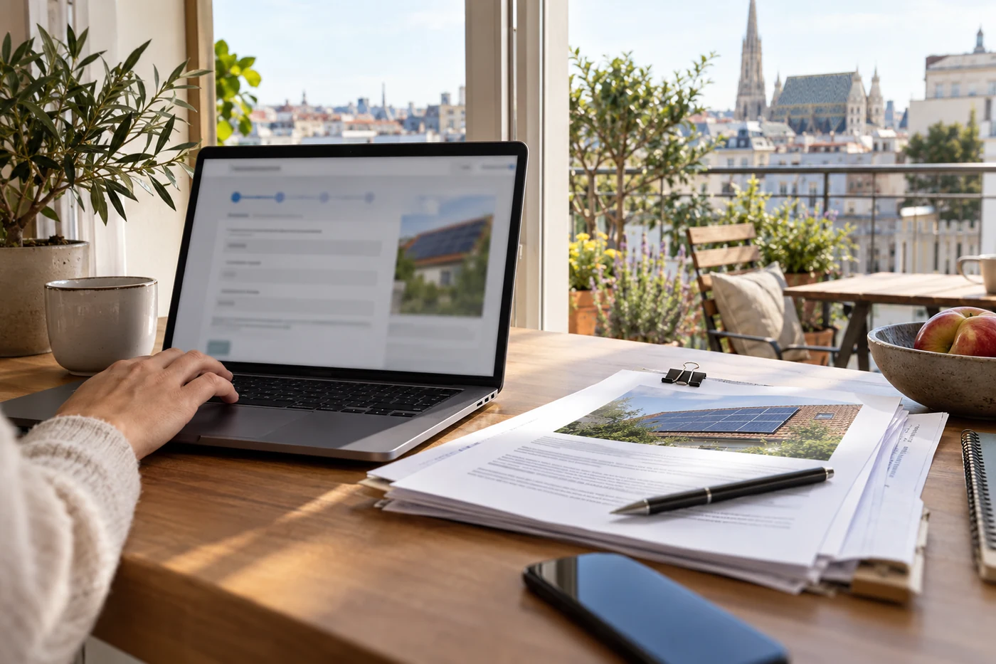 Laptop und geordnete Unterlagen zur Dachplanung