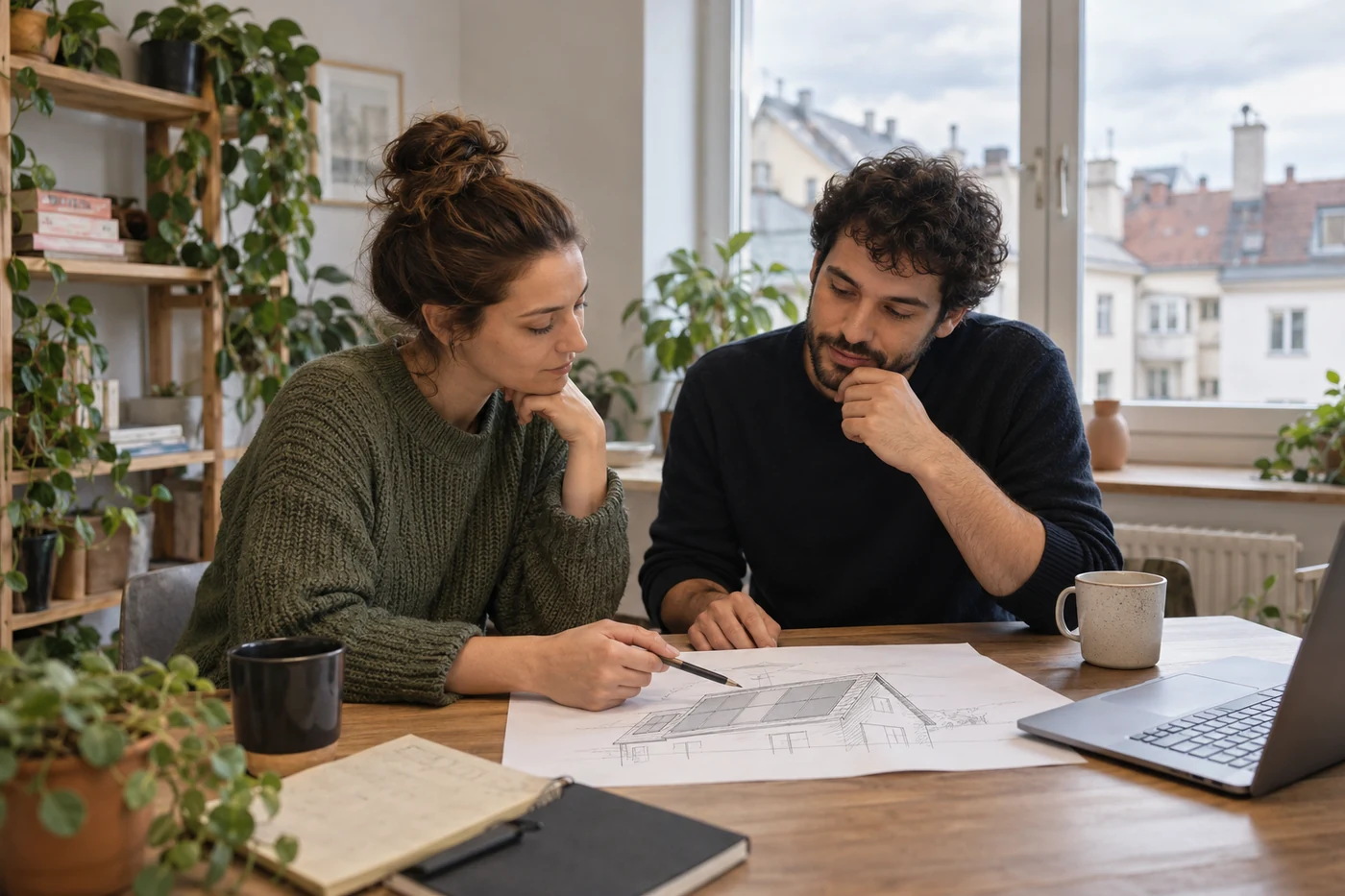 Zwei Personen betrachten einen Dachplan in einem kleinen Arbeitszimmer