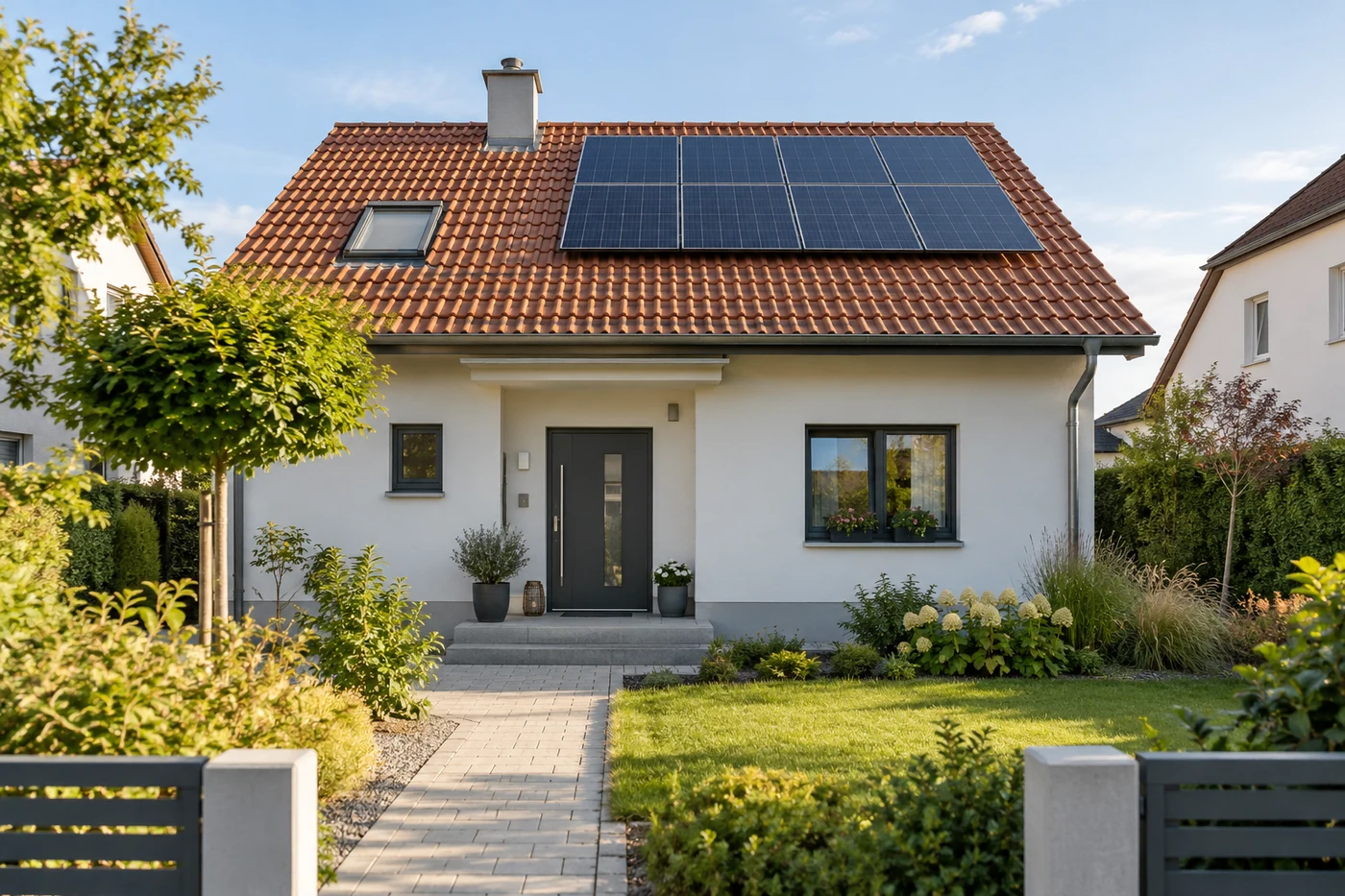 Wohnhaus mit Solarmodulen auf dem Ziegeldach und einem kleinen Garten
