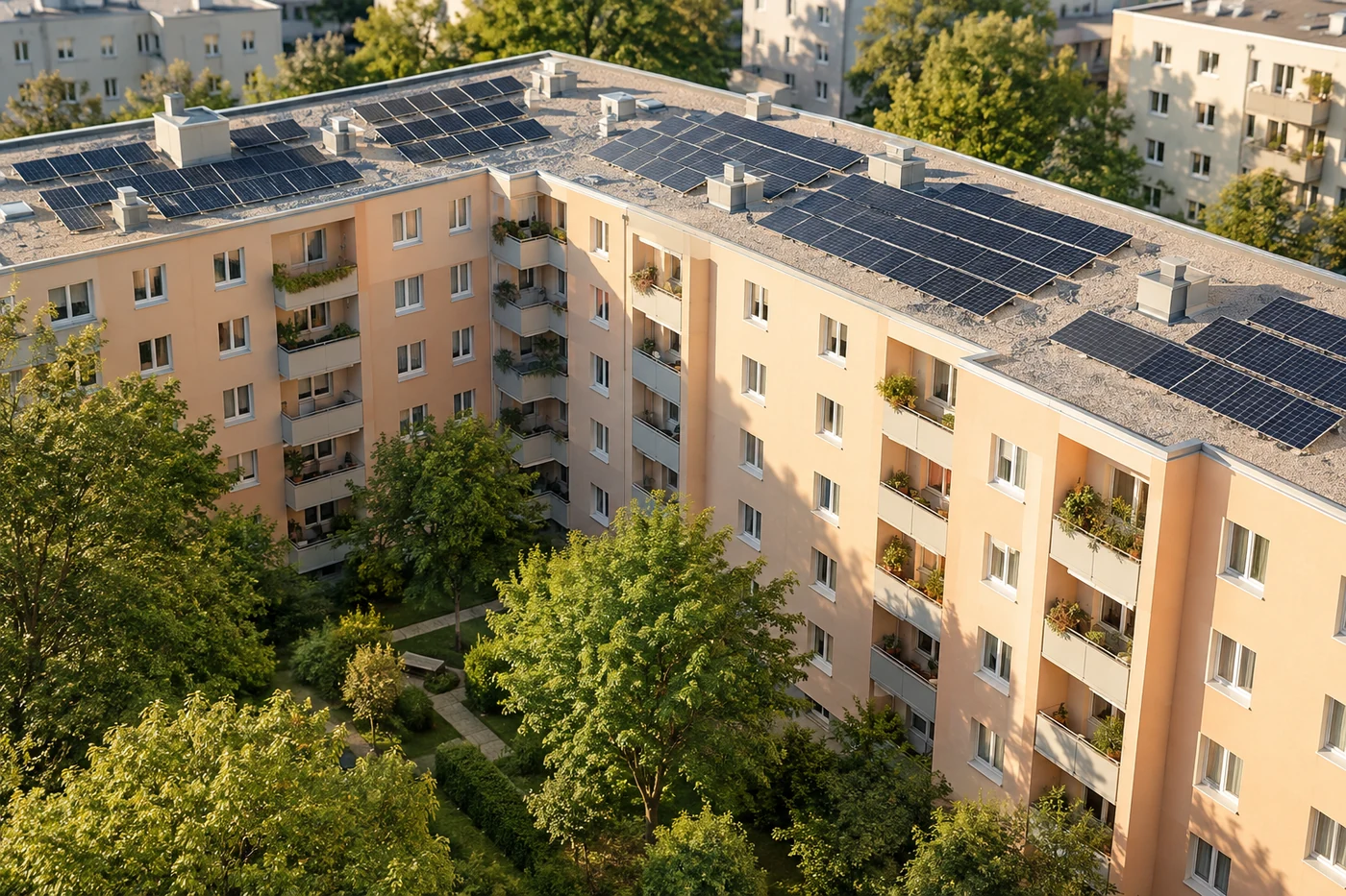 Solarmodule auf einem mehrgeschoßigen Wohnhaus über einem begrünten Hof
