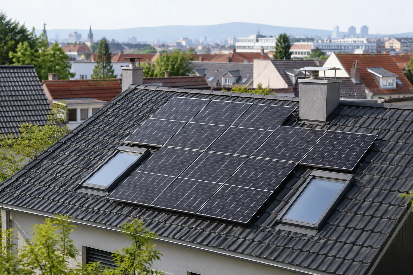 Solarmodule auf einem städtischen Dach mit Dachfenstern