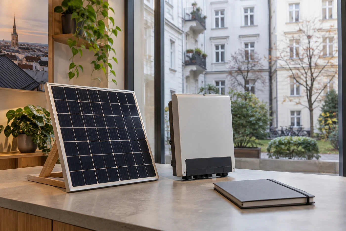 Solarmodulmuster und Wechselrichter neben Kalkulationsunterlagen