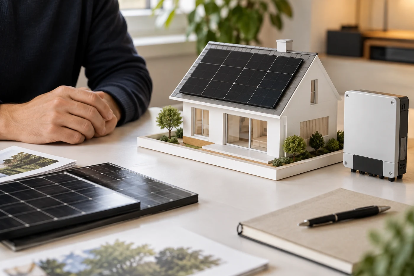 Dachmodell mit Solarmodulen und Geräteprobe auf einem Planungstisch
