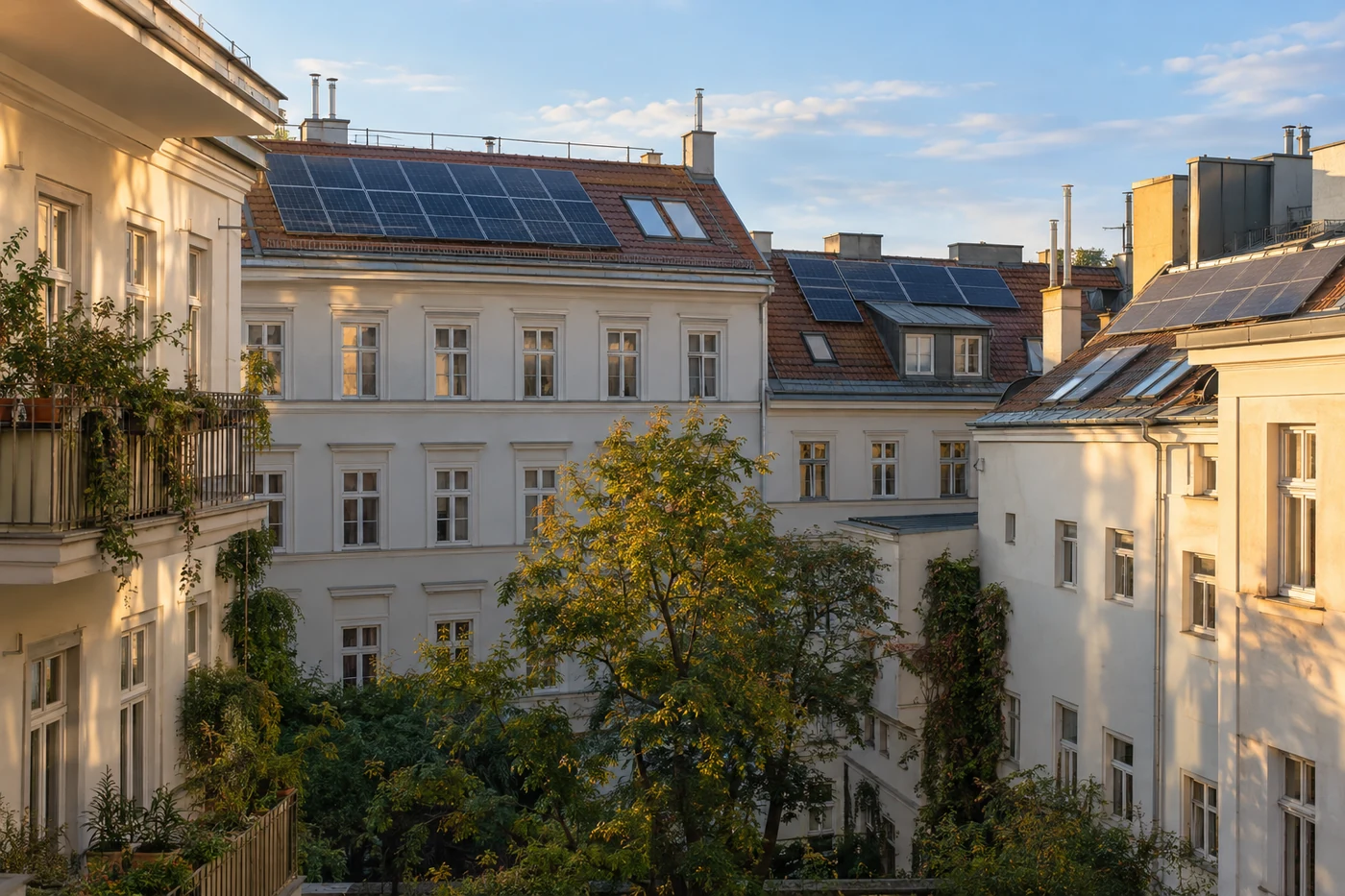 Wohnhof mit Photovoltaikmodulen auf den umliegenden Dächern