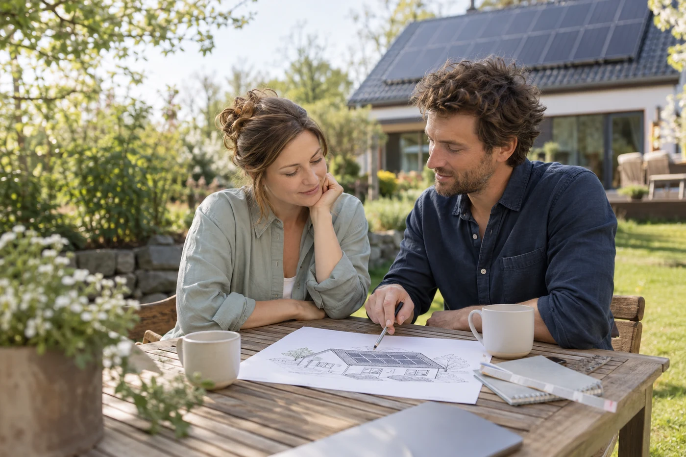 Zwei Erwachsene besprechen eine Dachskizze am Gartentisch
