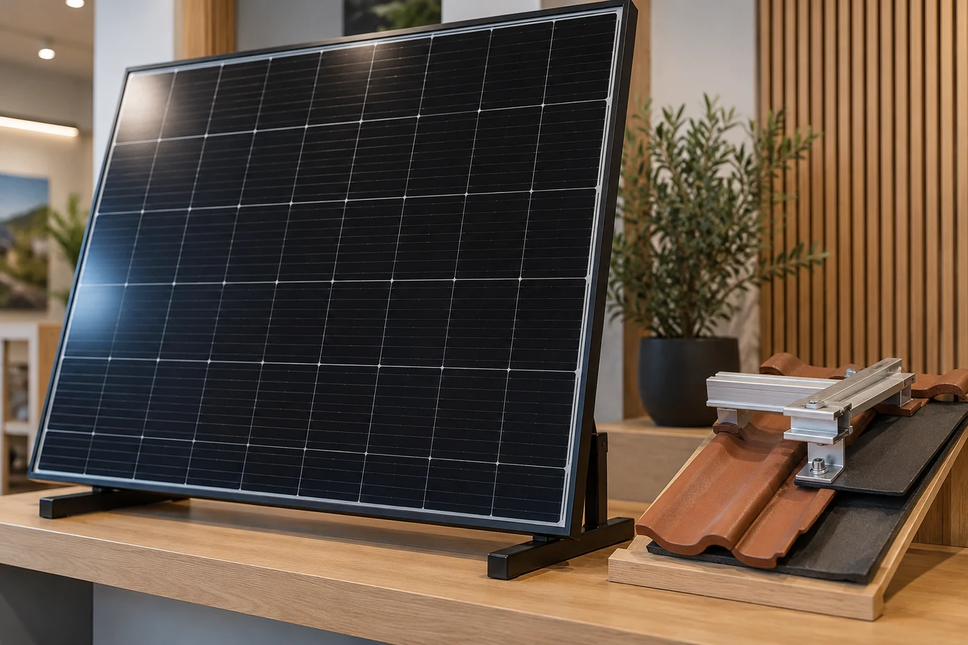 Solarmodul sowie Dachziegel und Schienenprobe in einem Ausstellungsraum