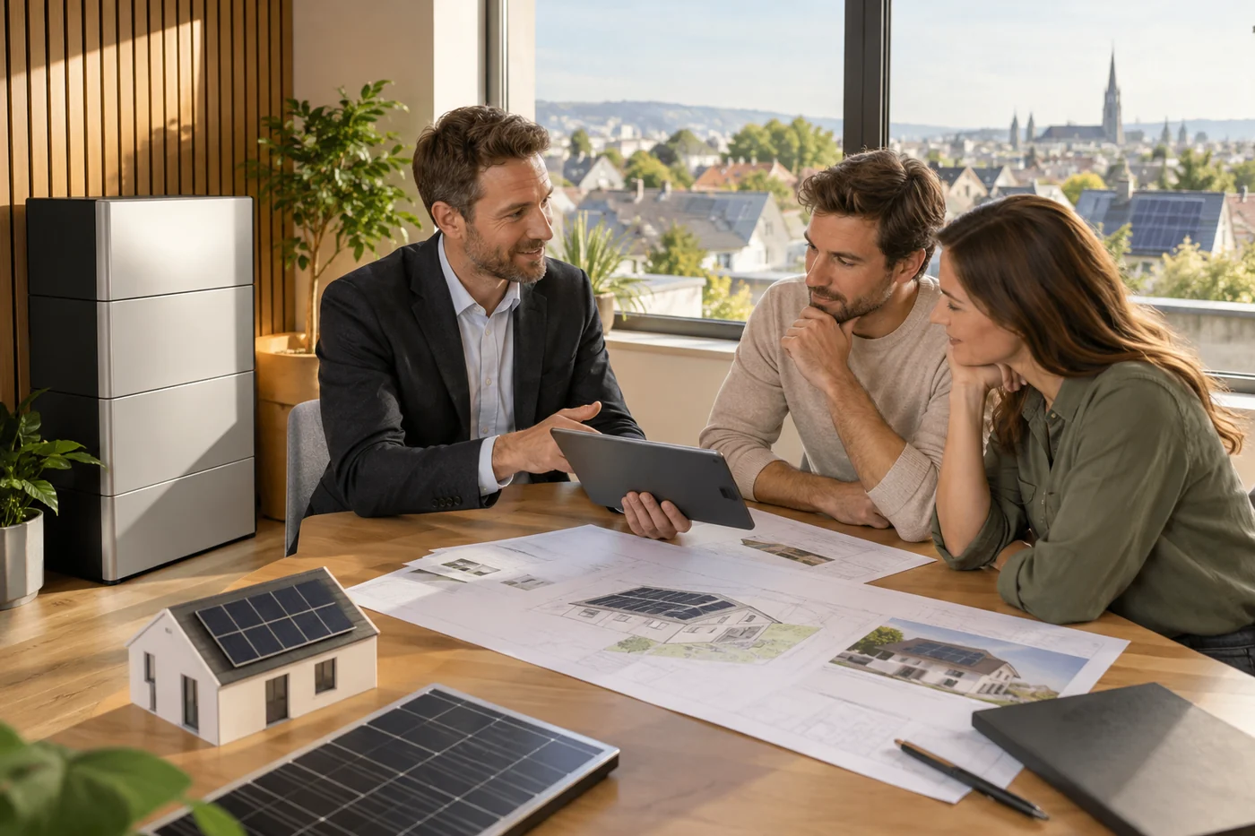 Batteriemuster und Dachplan auf einem Beratungstisch