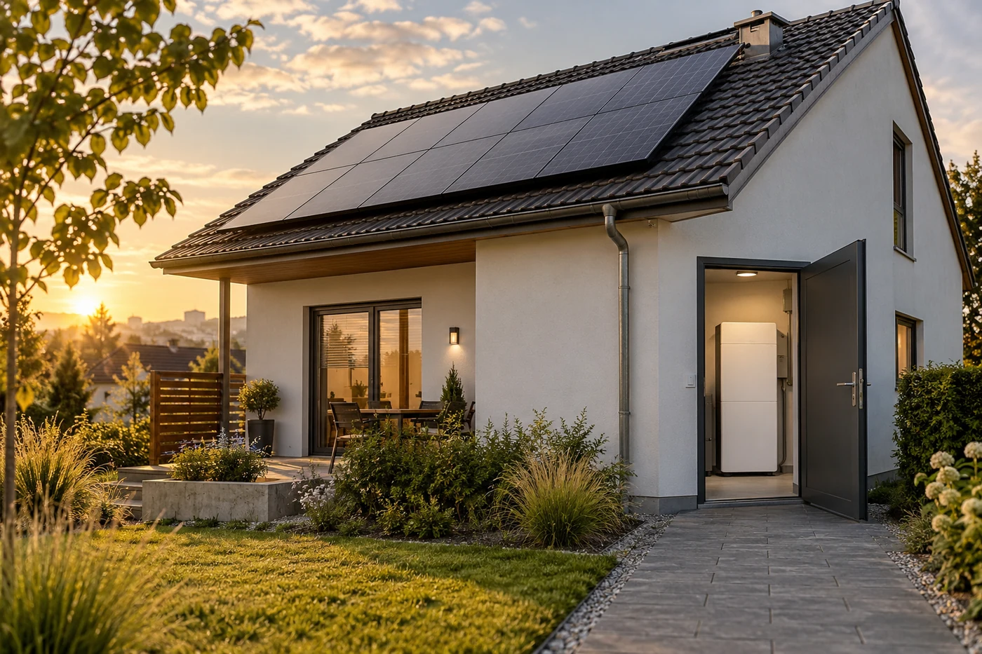 Haus mit Solardach und Batteriespeicher hinter einer offenen Tür
