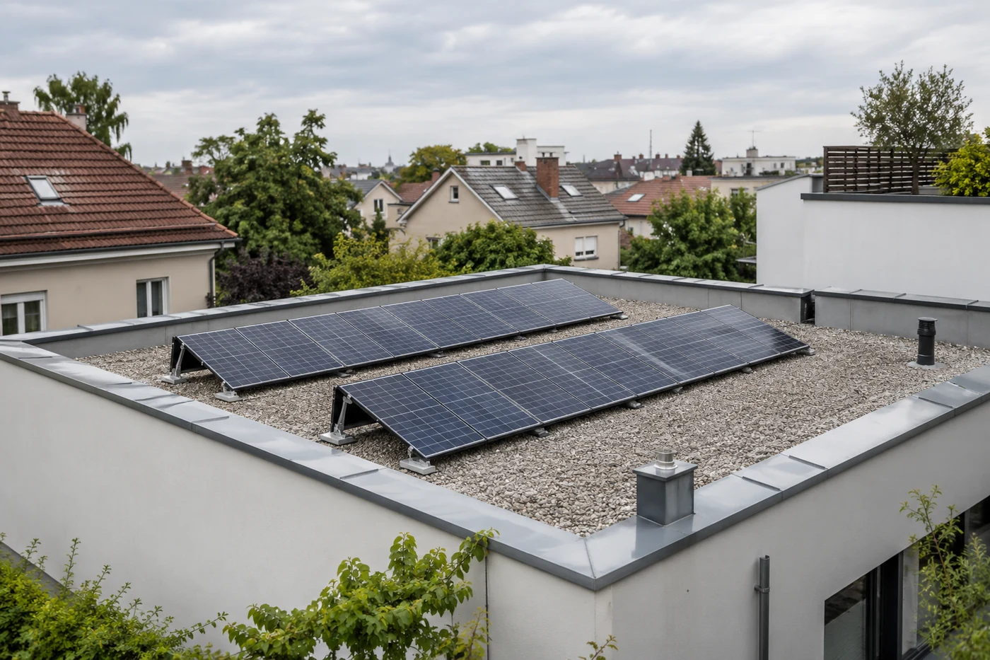 Zwei niedrige Solarmodulreihen auf einem Flachdach mit freier Zugangsfläche