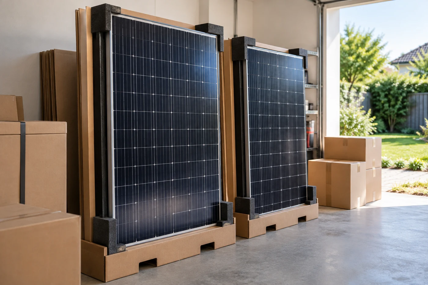 Solarmodule stehen geschützt in gepolsterten Halterungen neben Verpackungen
