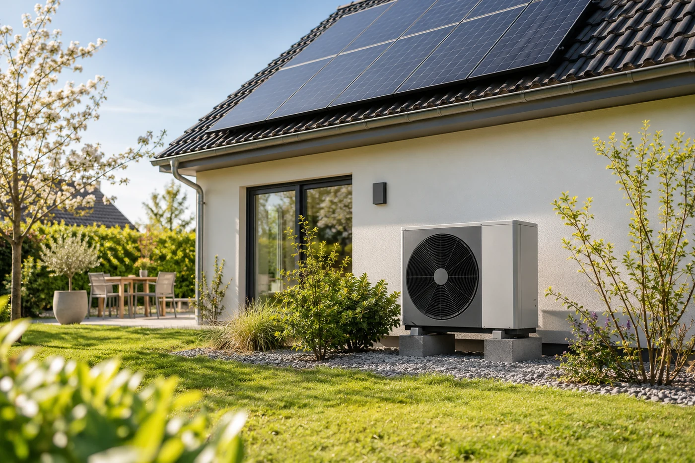 Wärmepumpe neben einem Haus mit Solarmodulen auf dem Dach