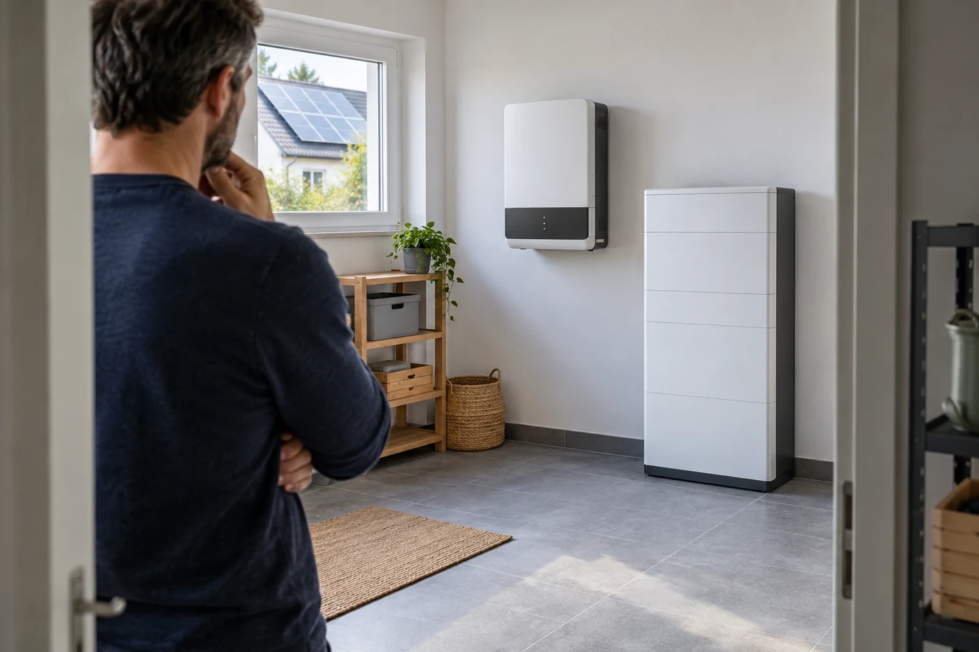Eine Person betrachtet Wechselrichter und Batterieschrank in einem Technikraum