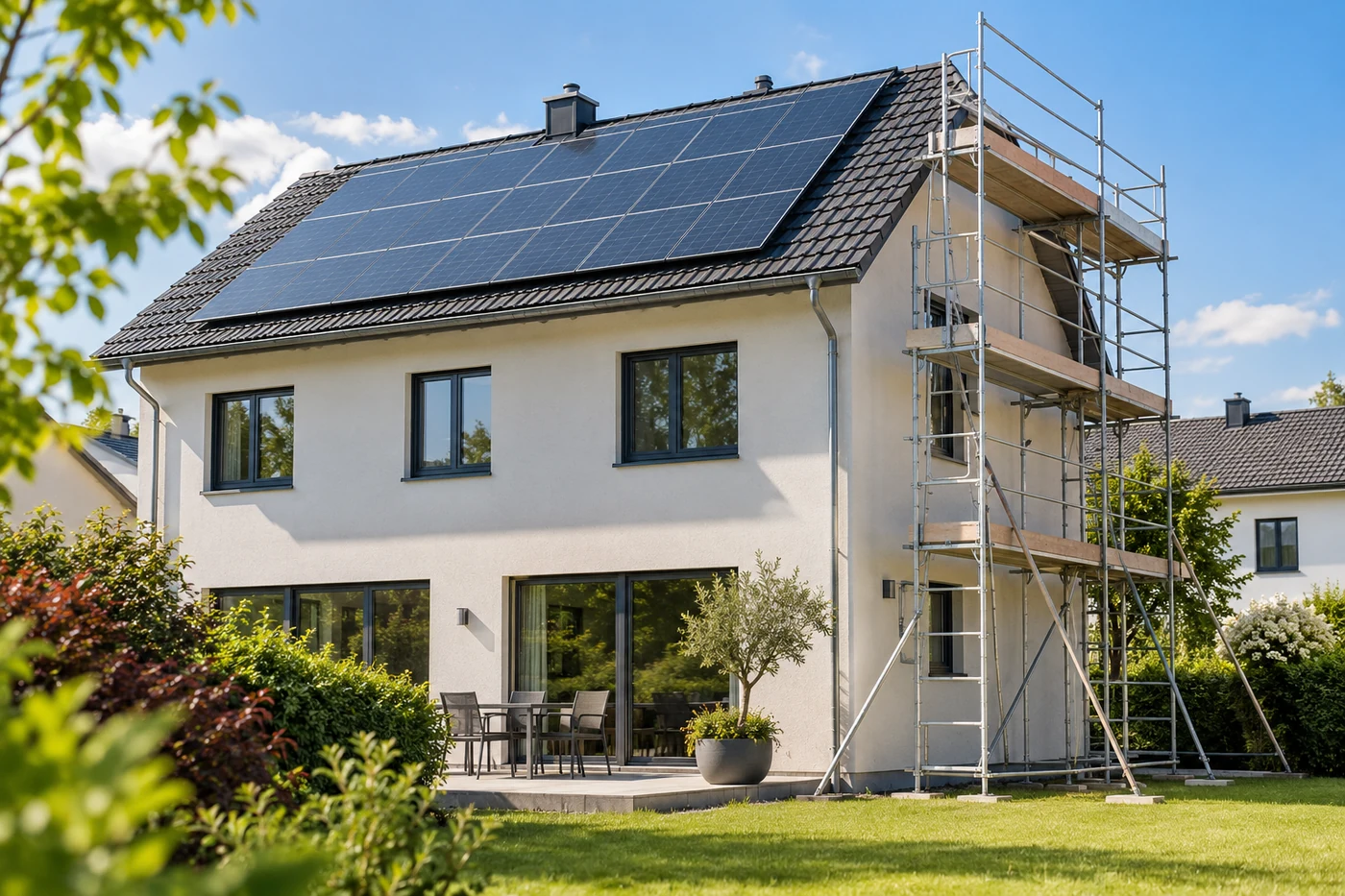Wohnhaus mit Solarmodulen und einem Gerüst an der Fassade