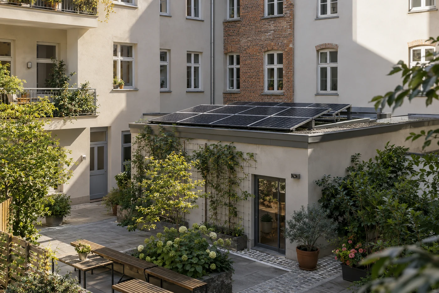 Solarmodule auf einem niedrigen Dach in einem begrünten Innenhof