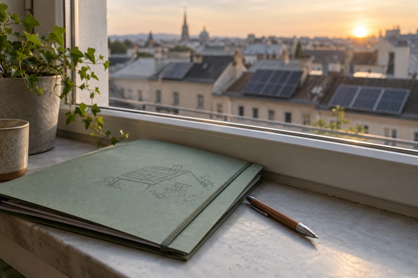 Projektmappe mit Dachskizze und Stift am Fenster
