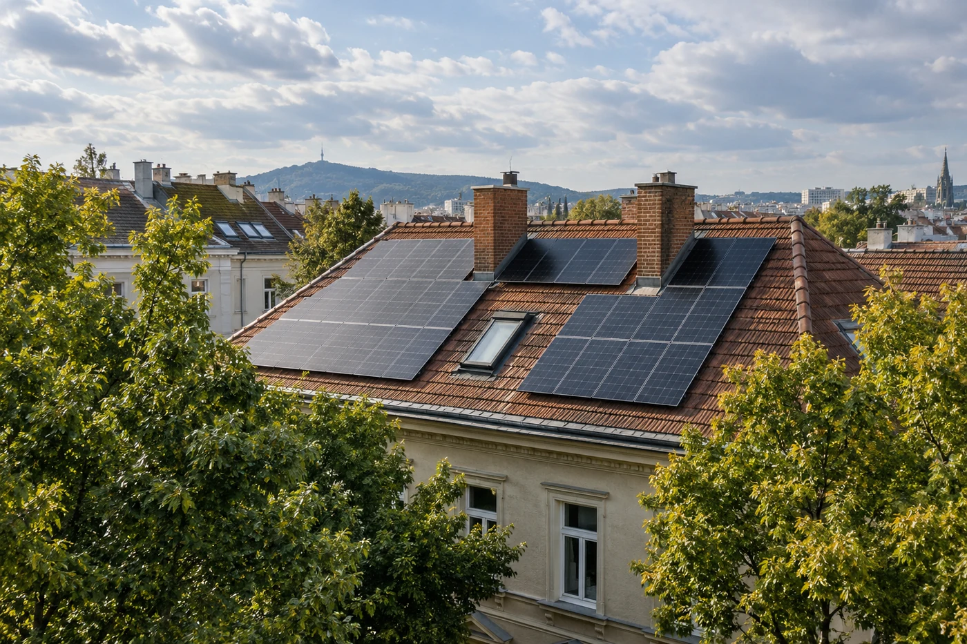 Solardach und Ziegelkamine zwischen Stadtbäumen
